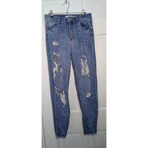 Tinseltown Women’s High Rise Distressed Ripped Jeans Medium Wash Raw Hem